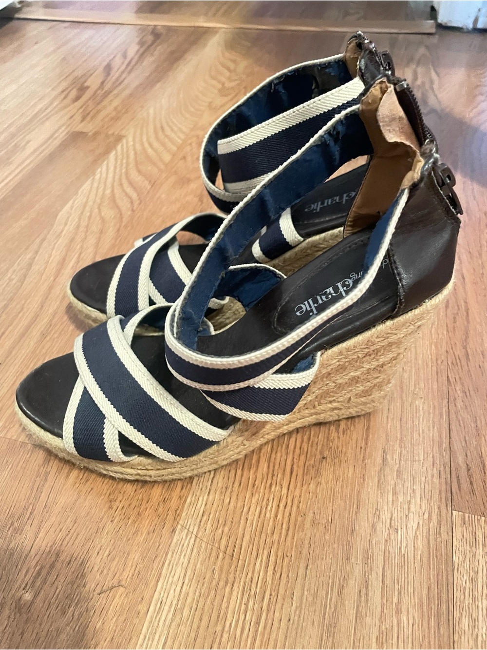 Blue and White Strap Wedges Size 8